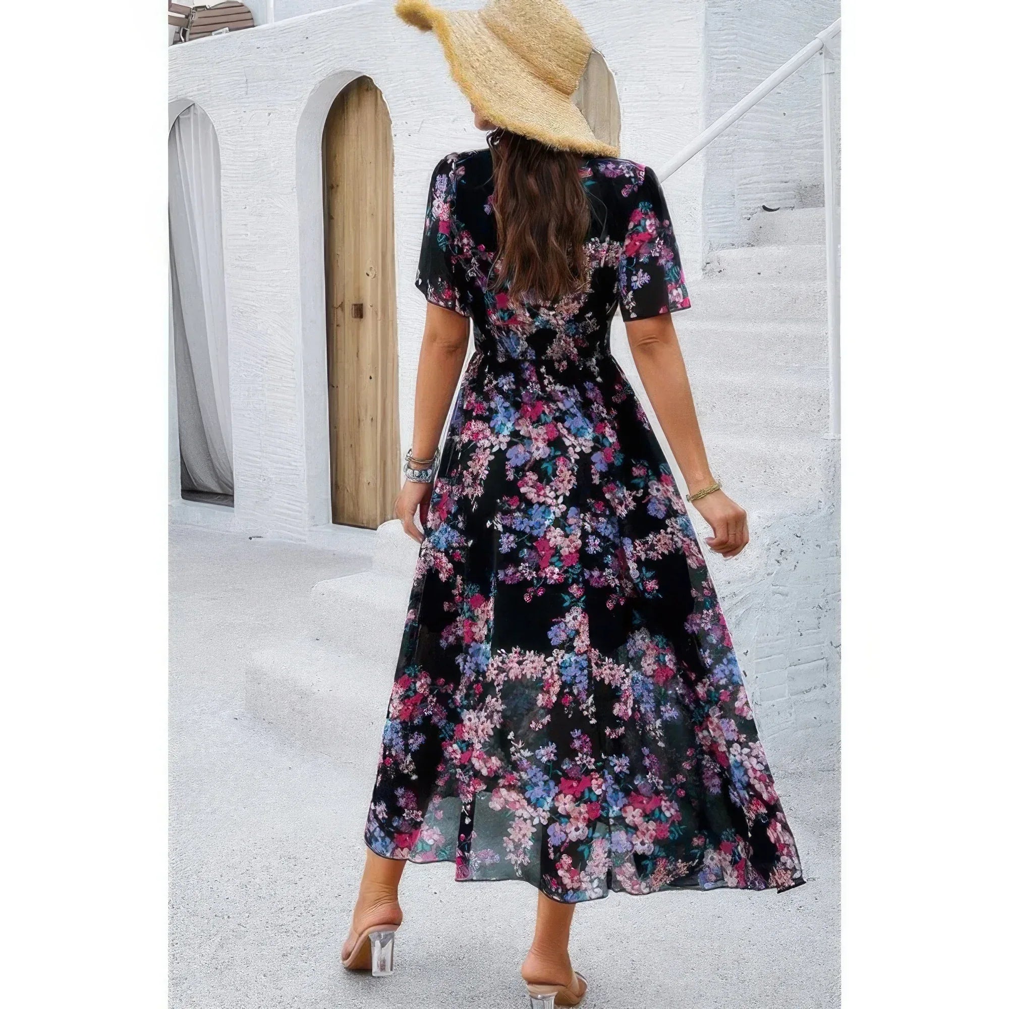 Boho Floral Print High Waist Band Fit Lined Dress | Mixtshop LLC