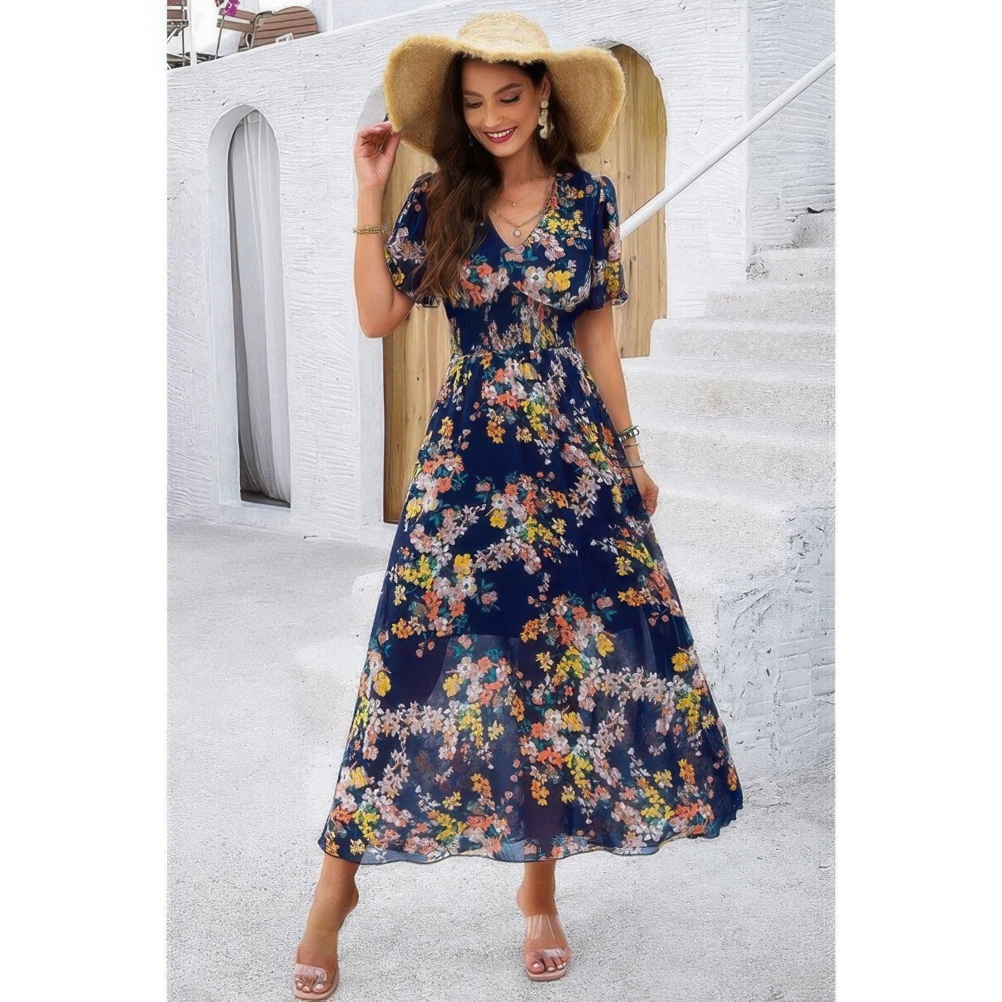 Boho Floral Print High Waist Band Fit Lined Dress | Mixtshop LLC