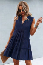 Solid V Neck Flat Collar Tiered Shift Dress | Mixtshop LLC