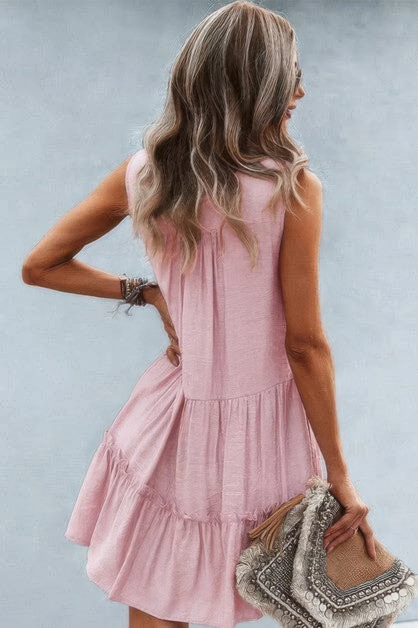 Solid V Neck Flat Collar Tiered Shift Dress | Mixtshop LLC