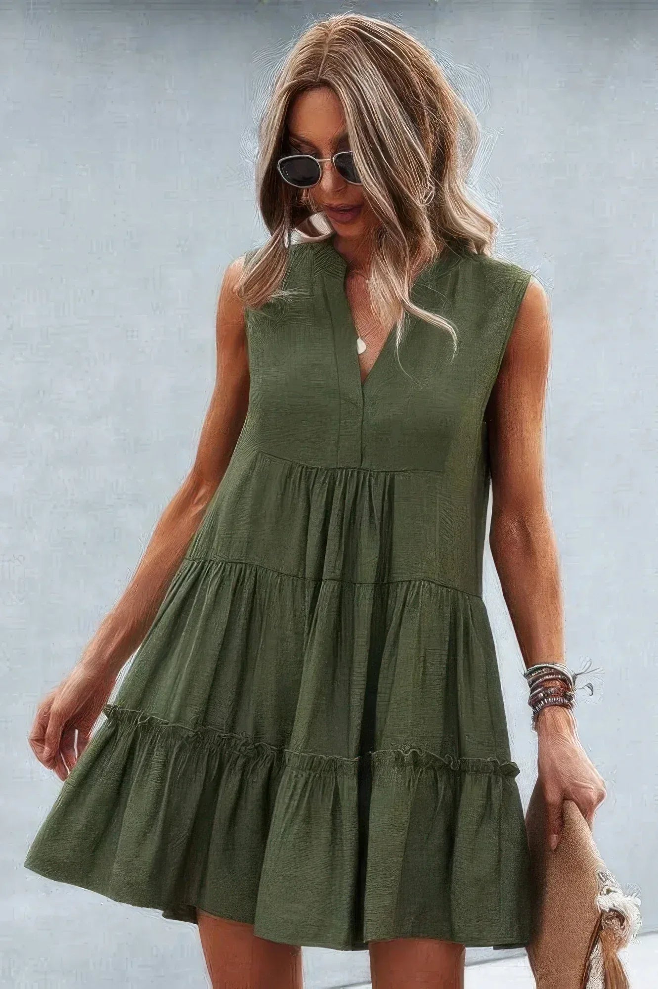 Solid V Neck Flat Collar Tiered Shift Dress | Mixtshop LLC