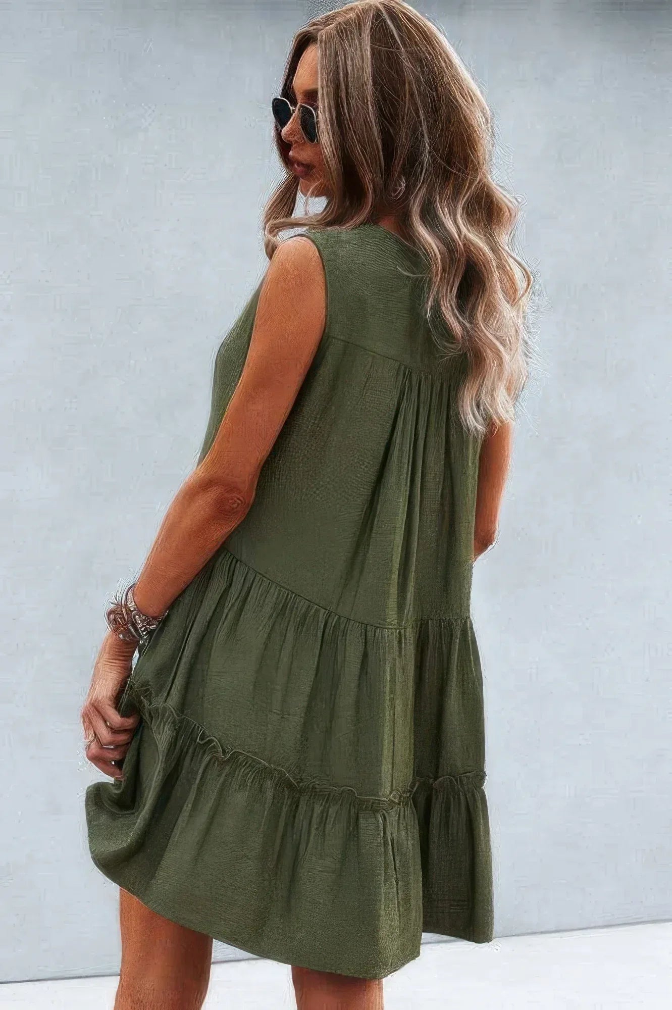 Solid V Neck Flat Collar Tiered Shift Dress | Mixtshop LLC