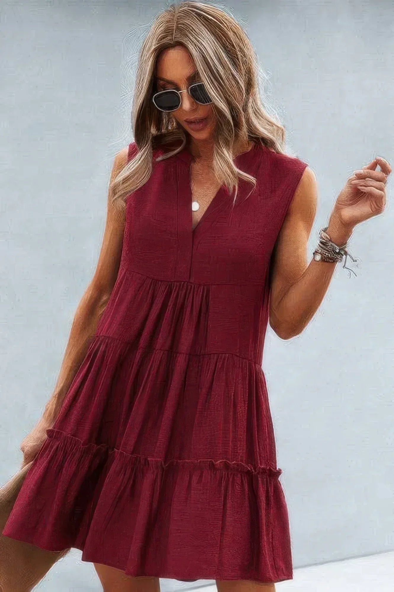 Solid V Neck Flat Collar Tiered Shift Dress | Mixtshop LLC