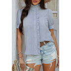 Strip Button Down Ruffle Hem Puff Short Sleeve Shirt | Mixtshop LLC