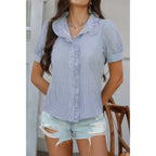 Strip Button Down Ruffle Hem Puff Short Sleeve Shirt | Mixtshop LLC