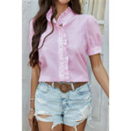 Strip Button Down Ruffle Hem Puff Short Sleeve Shirt | Mixtshop LLC