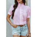 Strip Button Down Ruffle Hem Puff Short Sleeve Shirt | Mixtshop LLC