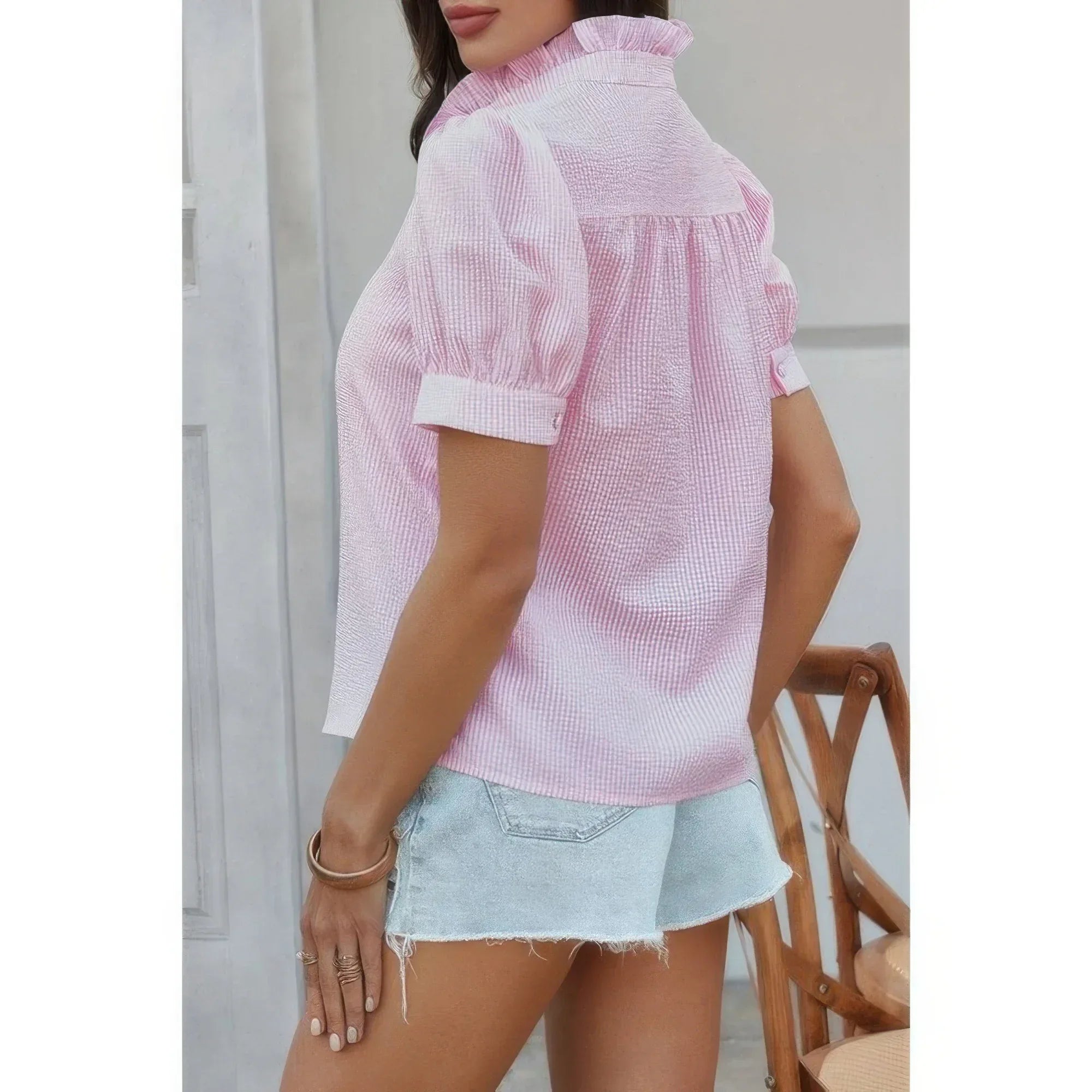 Strip Button Down Ruffle Hem Puff Short Sleeve Shirt | Mixtshop LLC