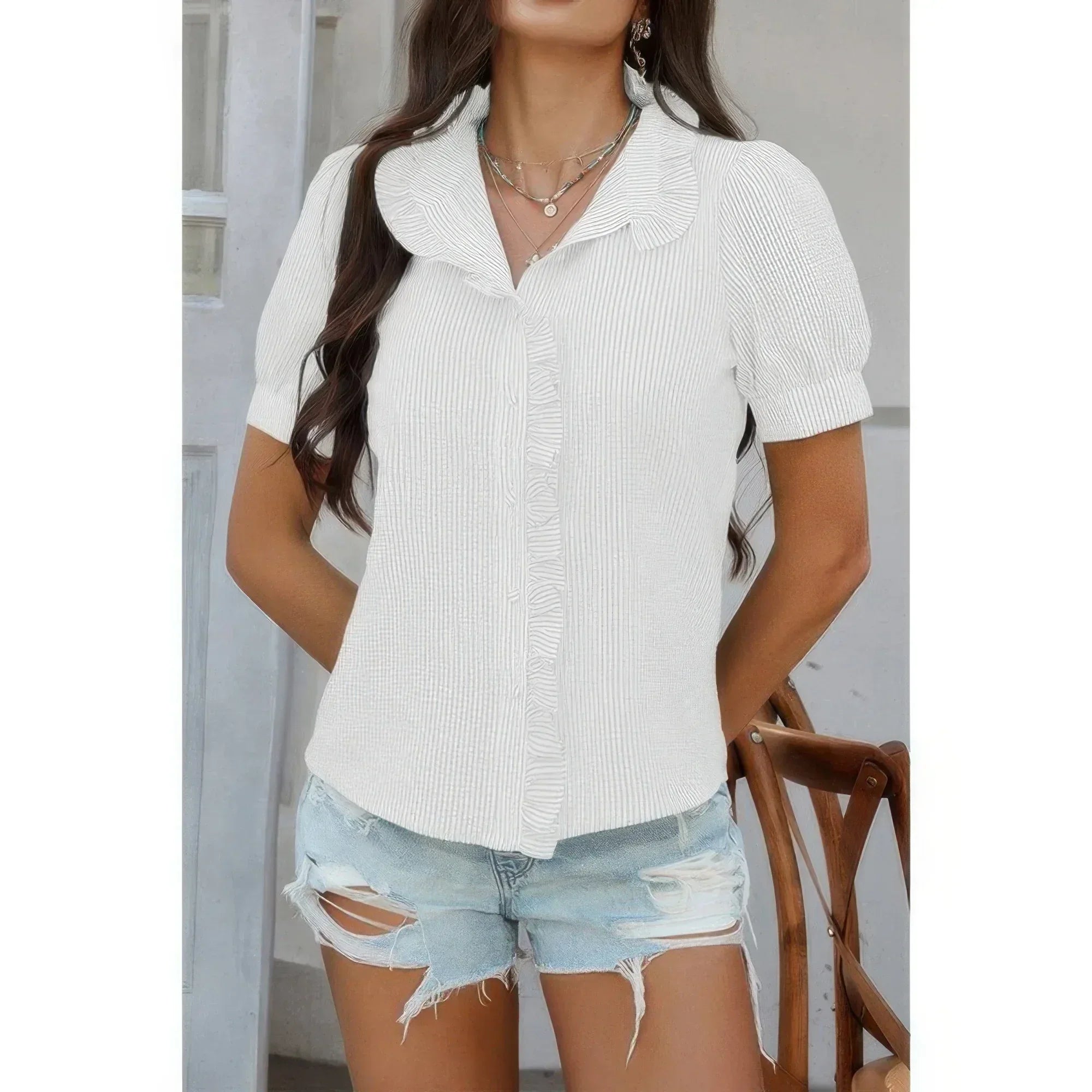 Strip Button Down Ruffle Hem Puff Short Sleeve Shirt | Mixtshop LLC