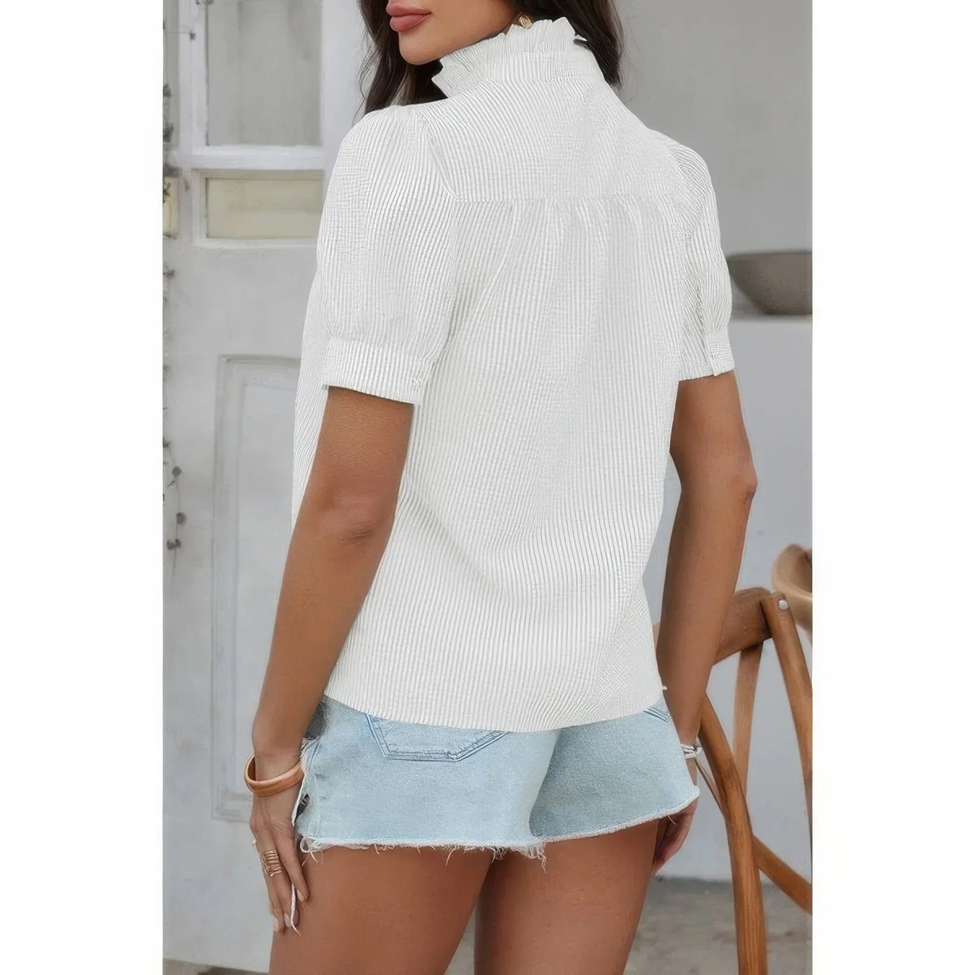Strip Button Down Ruffle Hem Puff Short Sleeve Shirt | Mixtshop LLC