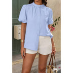 Button Down Lantern Puff Short Sleeve V Neck Top | Mixtshop LLC