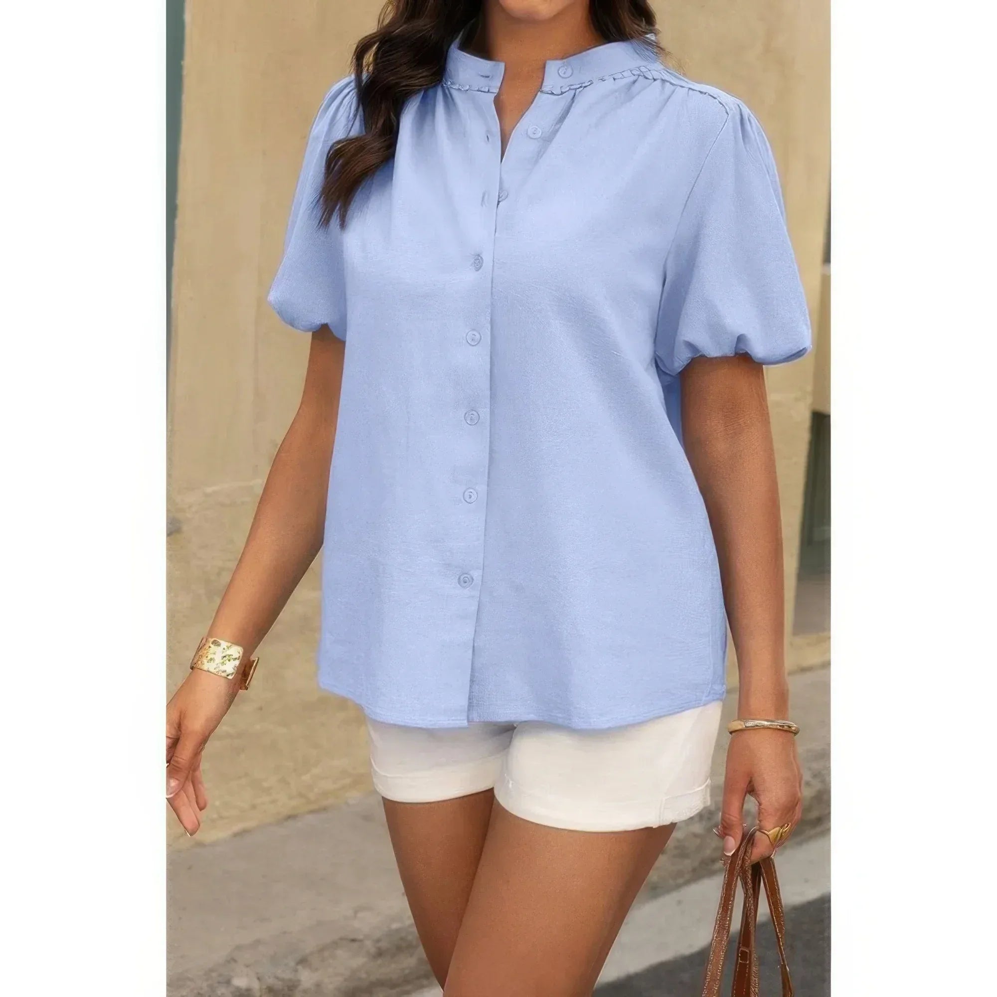 Button Down Lantern Puff Short Sleeve V Neck Top | Mixtshop LLC