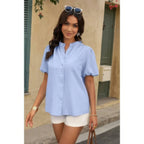 Button Down Lantern Puff Short Sleeve V Neck Top | Mixtshop LLC