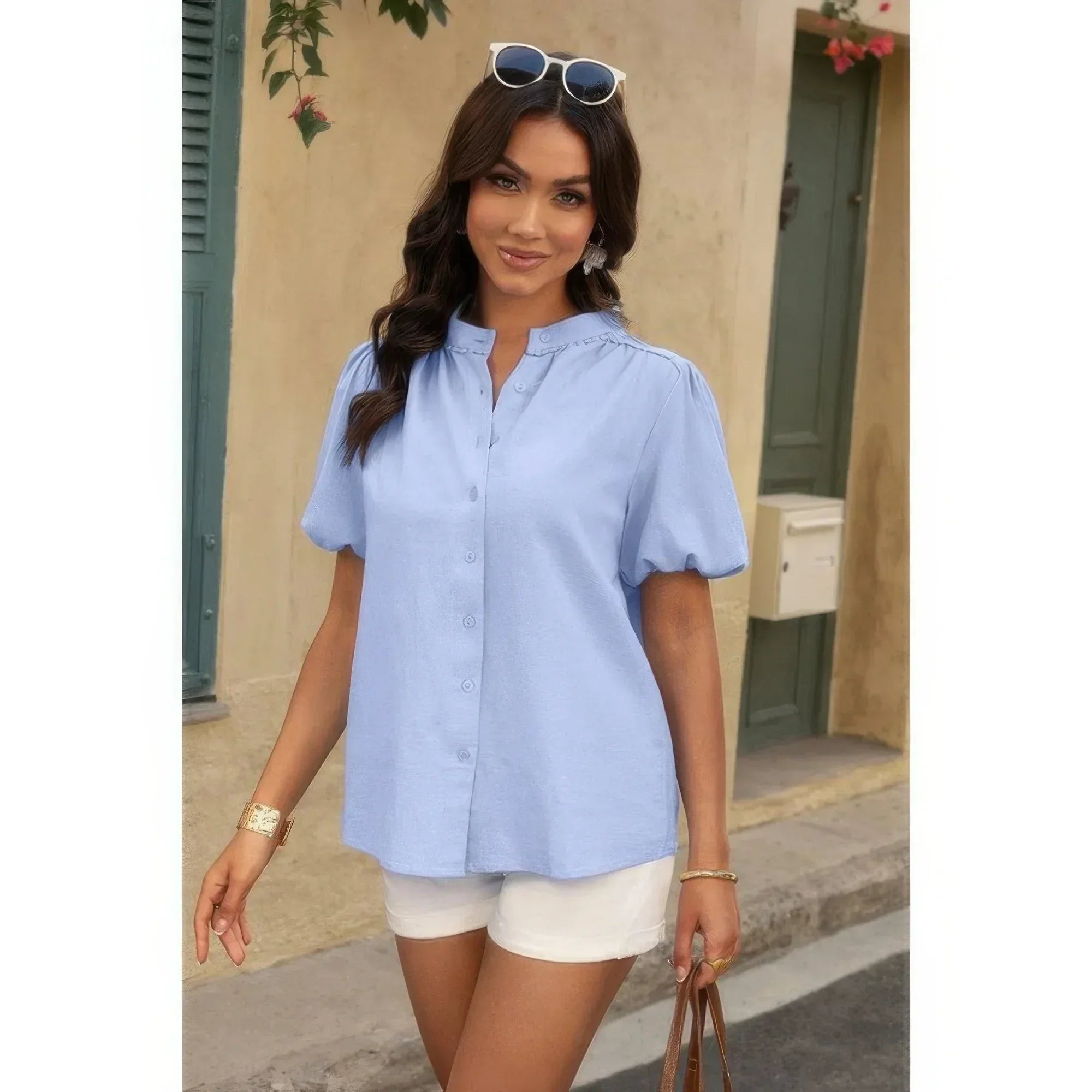 Button Down Lantern Puff Short Sleeve V Neck Top | Mixtshop LLC