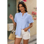 Button Down Lantern Puff Short Sleeve V Neck Top | Mixtshop LLC