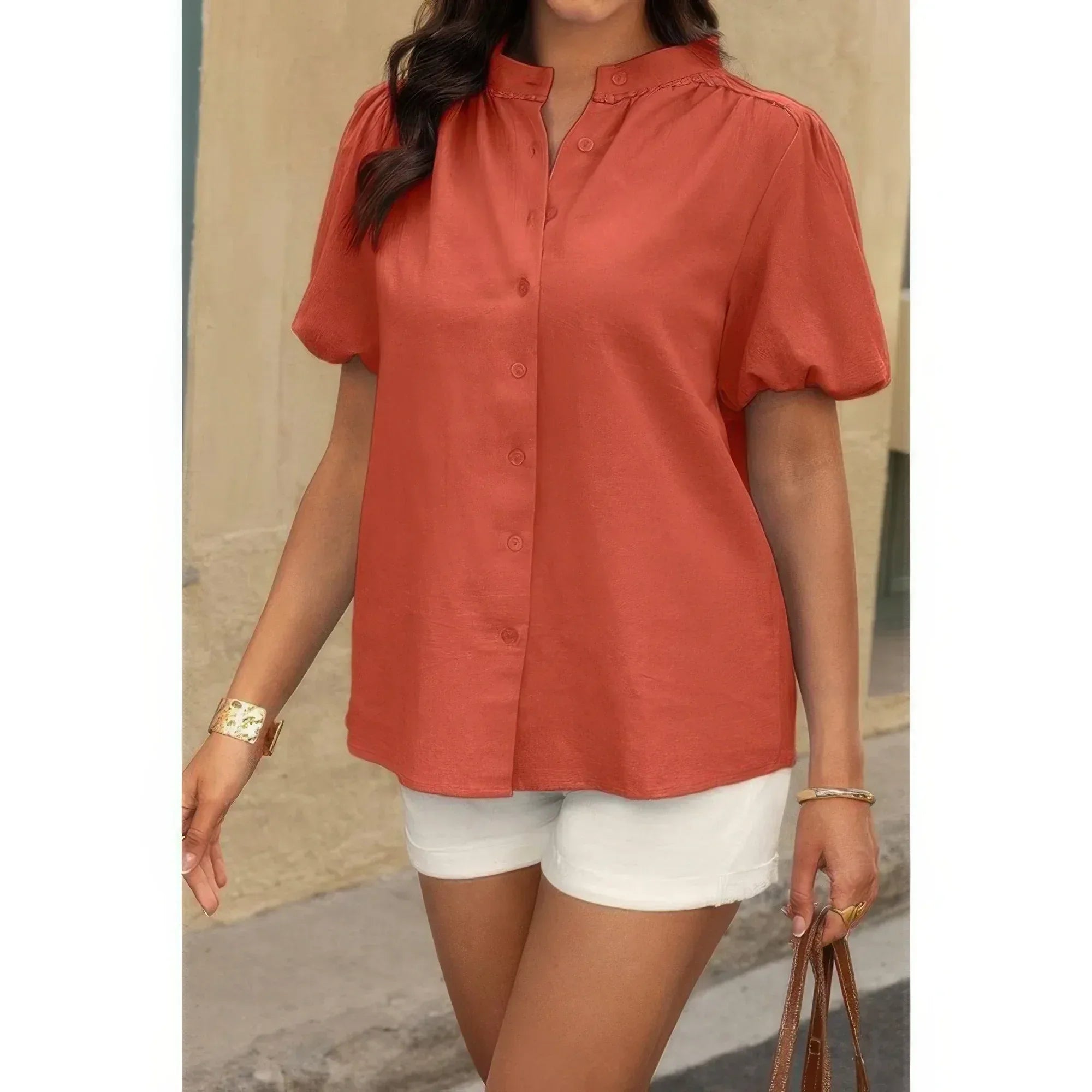 Button Down Lantern Puff Short Sleeve V Neck Top | Mixtshop LLC