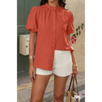 Button Down Lantern Puff Short Sleeve V Neck Top | Mixtshop LLC