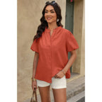 Button Down Lantern Puff Short Sleeve V Neck Top | Mixtshop LLC