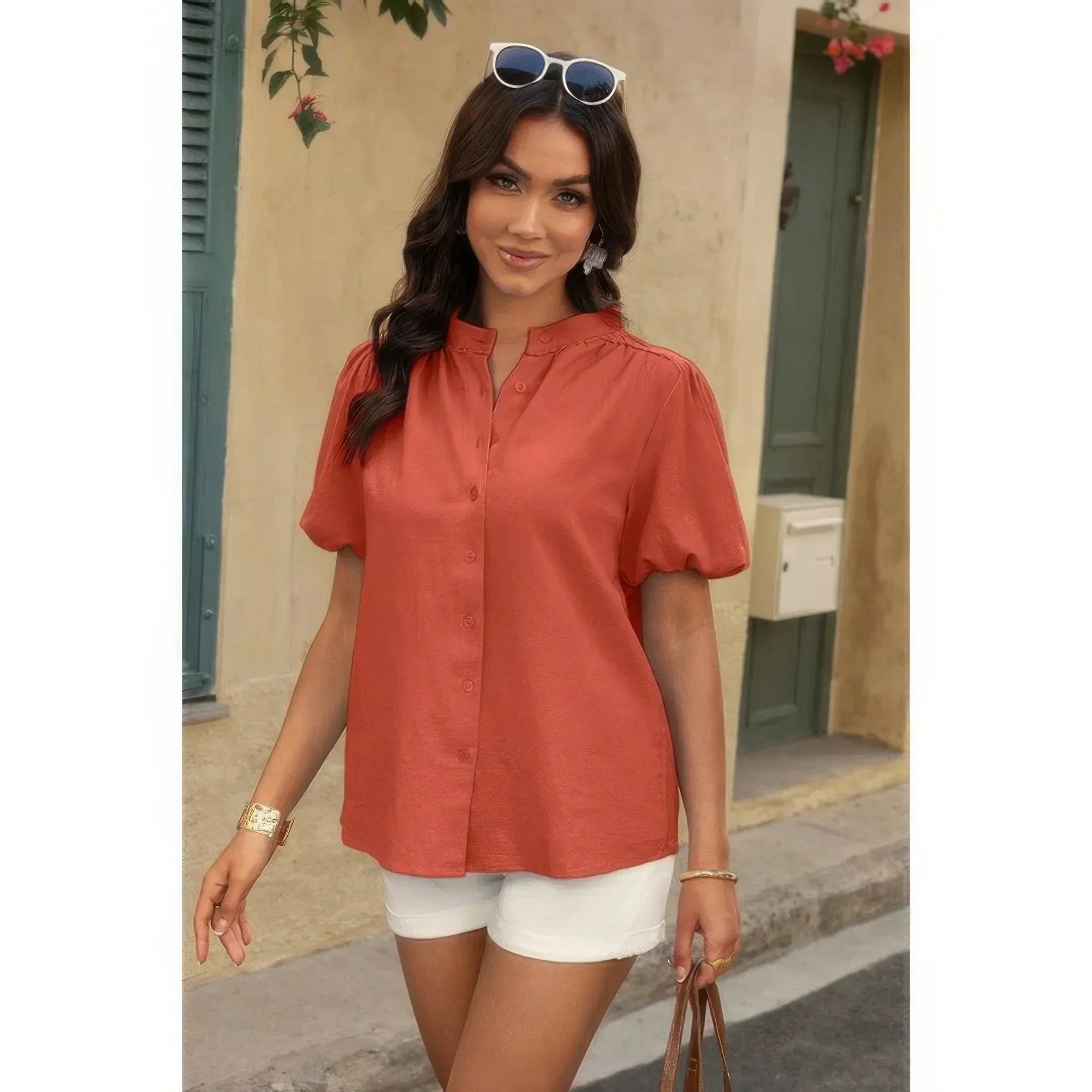 Button Down Lantern Puff Short Sleeve V Neck Top | Mixtshop LLC