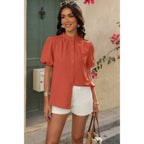 Button Down Lantern Puff Short Sleeve V Neck Top | Mixtshop LLC