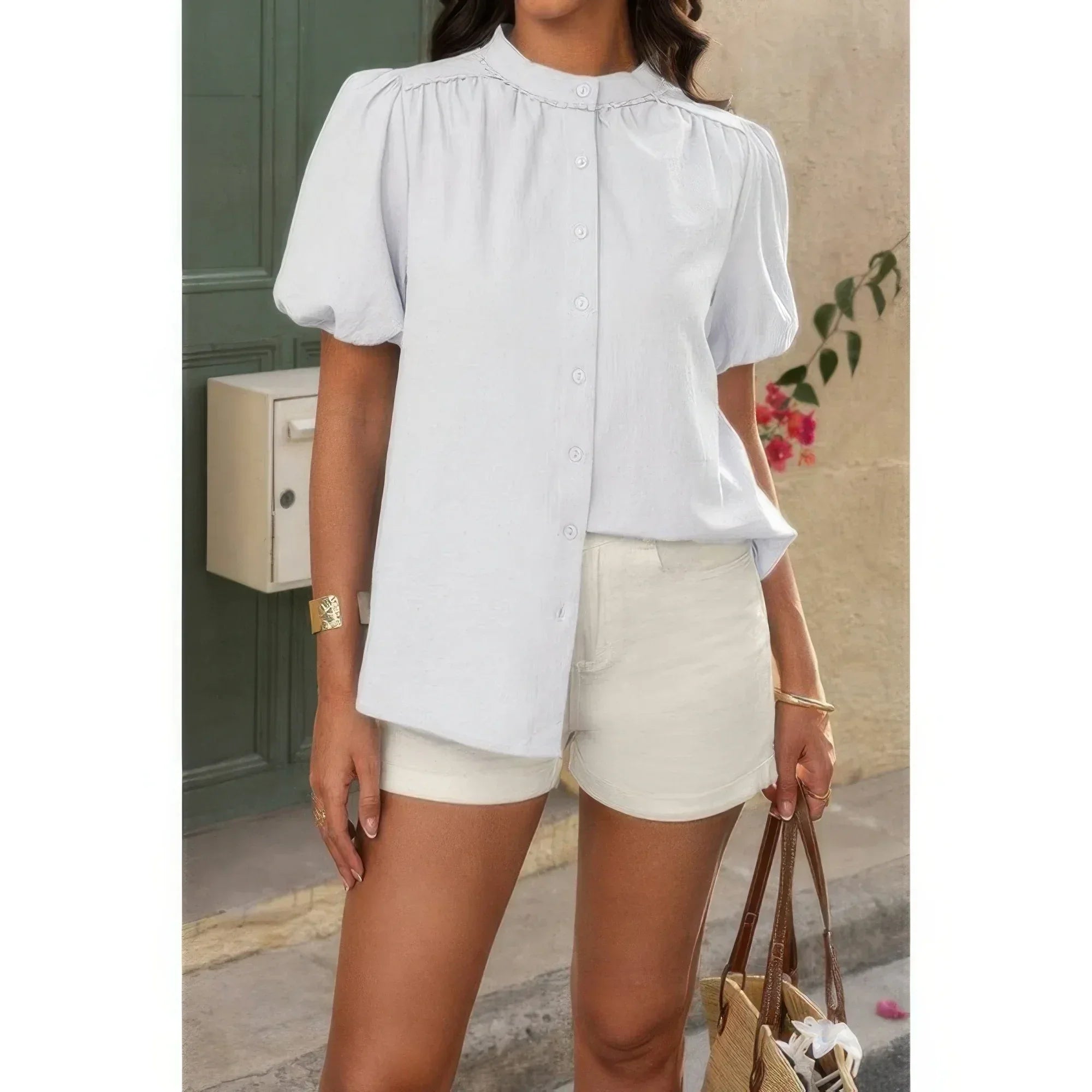 Button Down Lantern Puff Short Sleeve V Neck Top | Mixtshop LLC