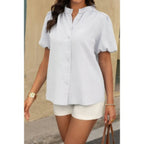 Button Down Lantern Puff Short Sleeve V Neck Top | Mixtshop LLC