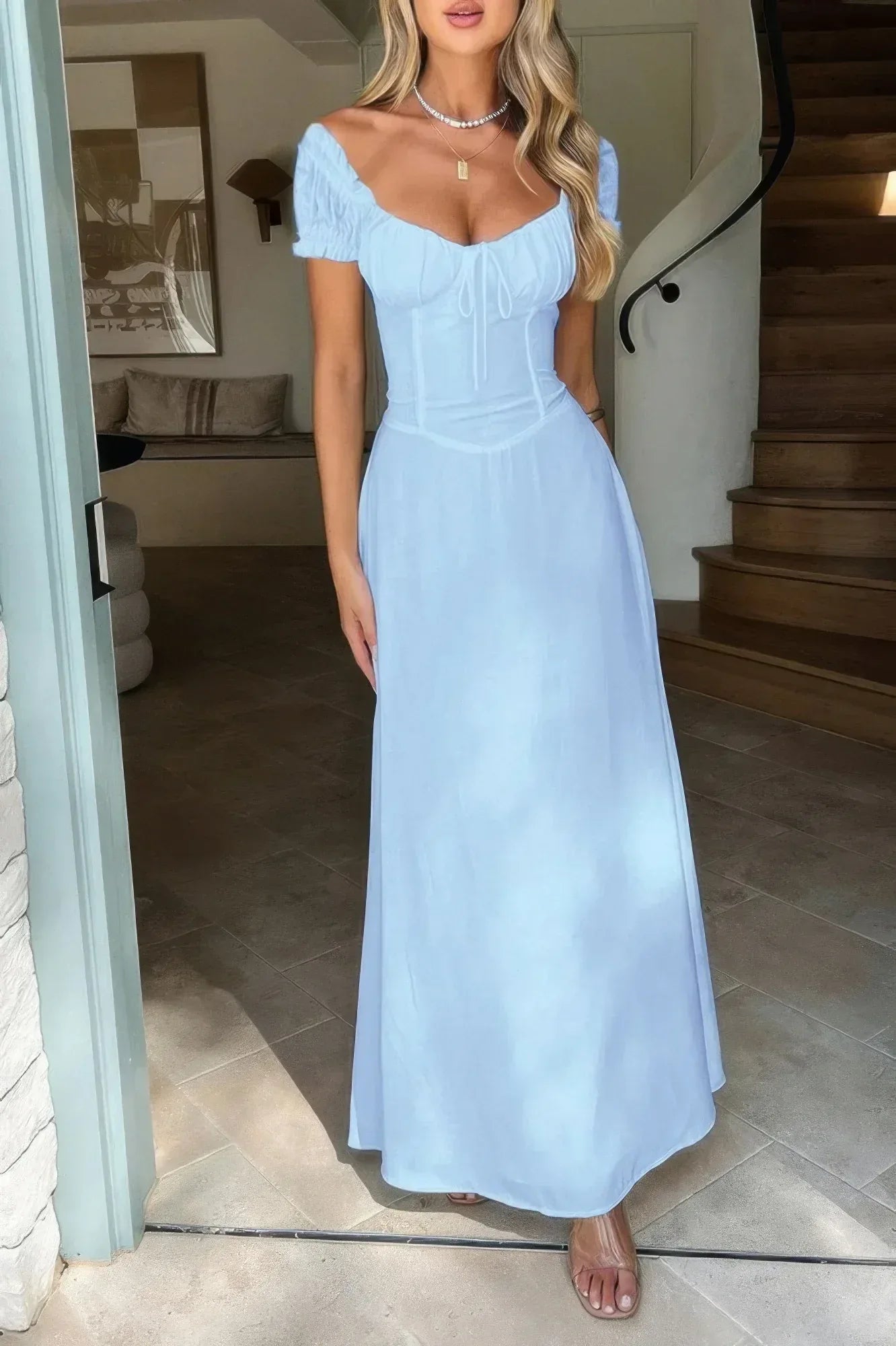 Deep Square Neck Drawstring Back Fit Dress | Mixtshop LLC Main image