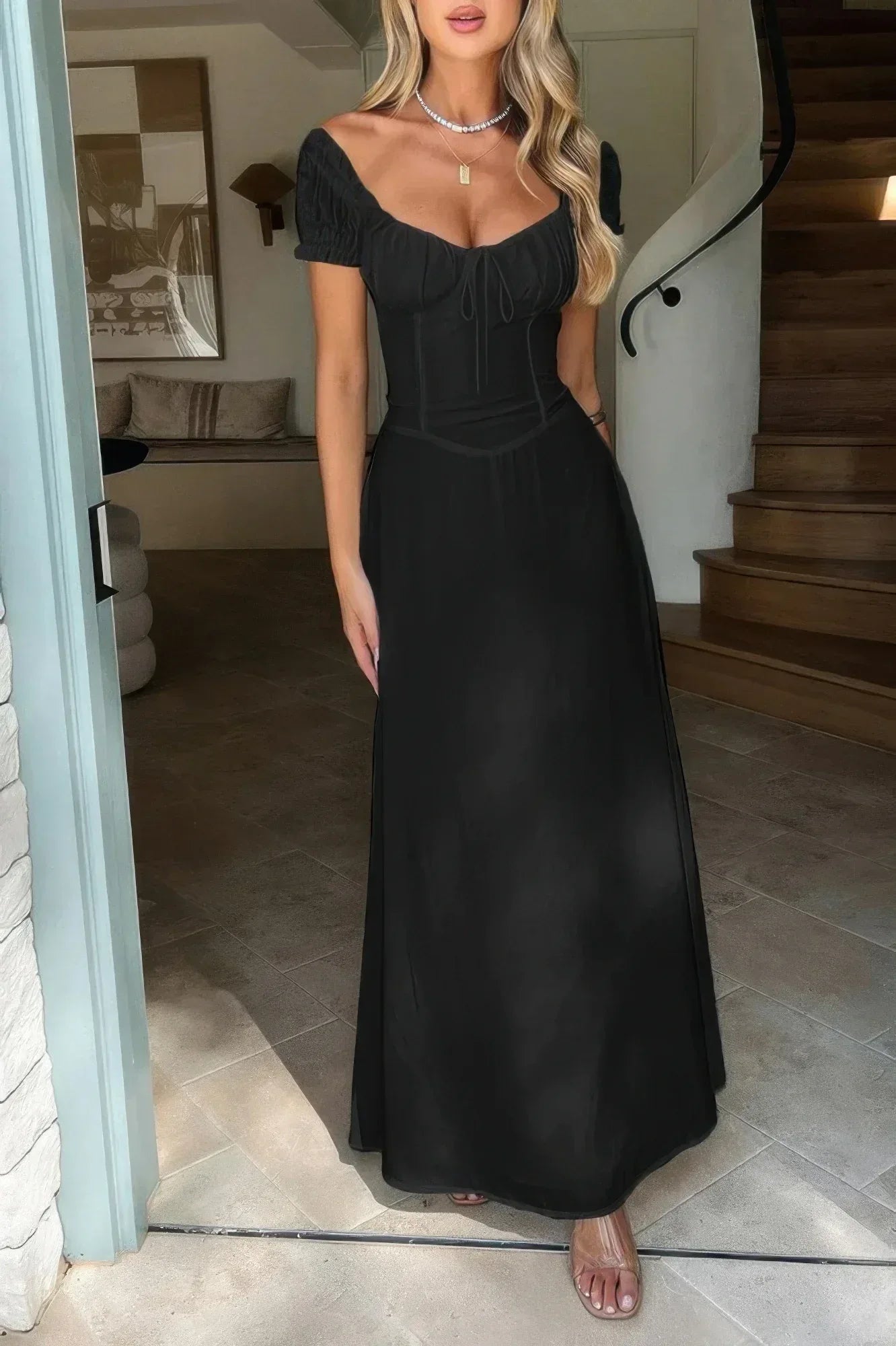 Deep Square Neck Drawstring Back Fit Dress | Mixtshop LLC