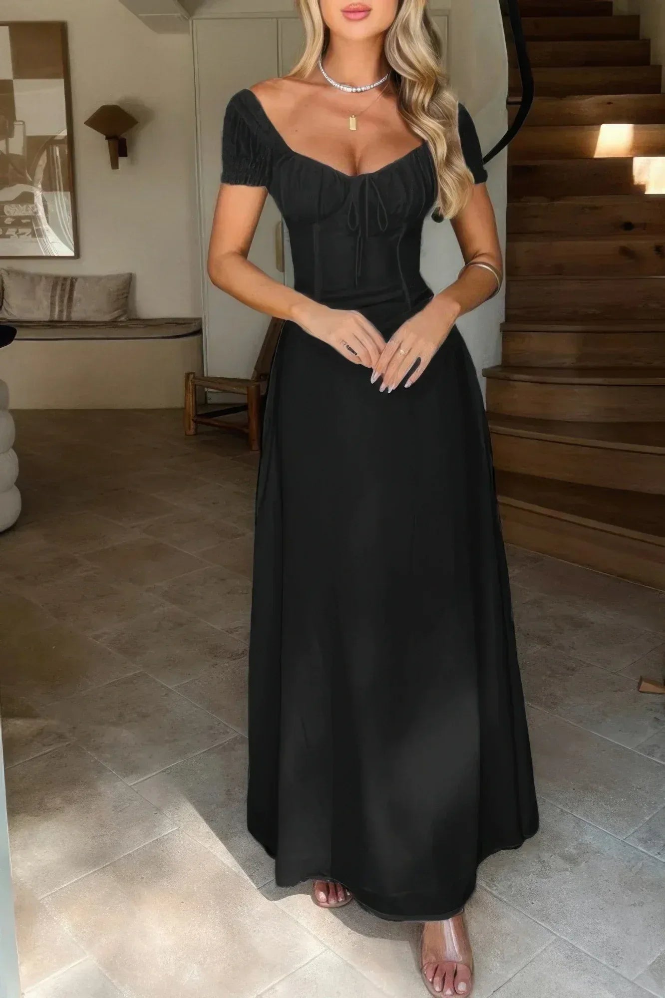 Deep Square Neck Drawstring Back Fit Dress | Mixtshop LLC