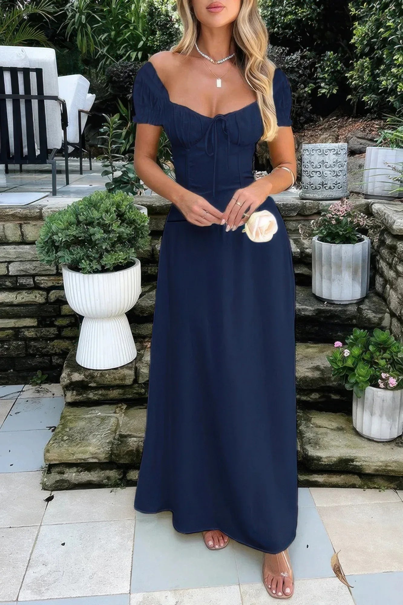 Deep Square Neck Drawstring Back Fit Dress | Mixtshop LLC