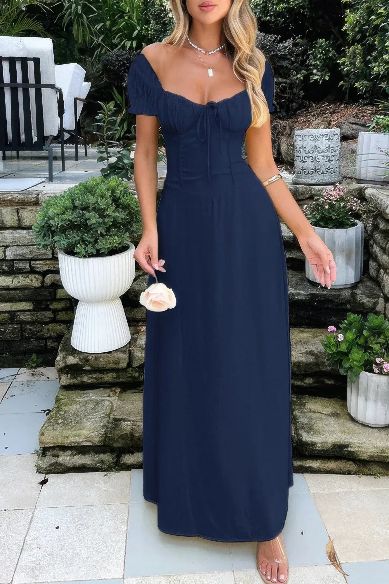 Deep Square Neck Drawstring Back Fit Dress | Mixtshop LLC