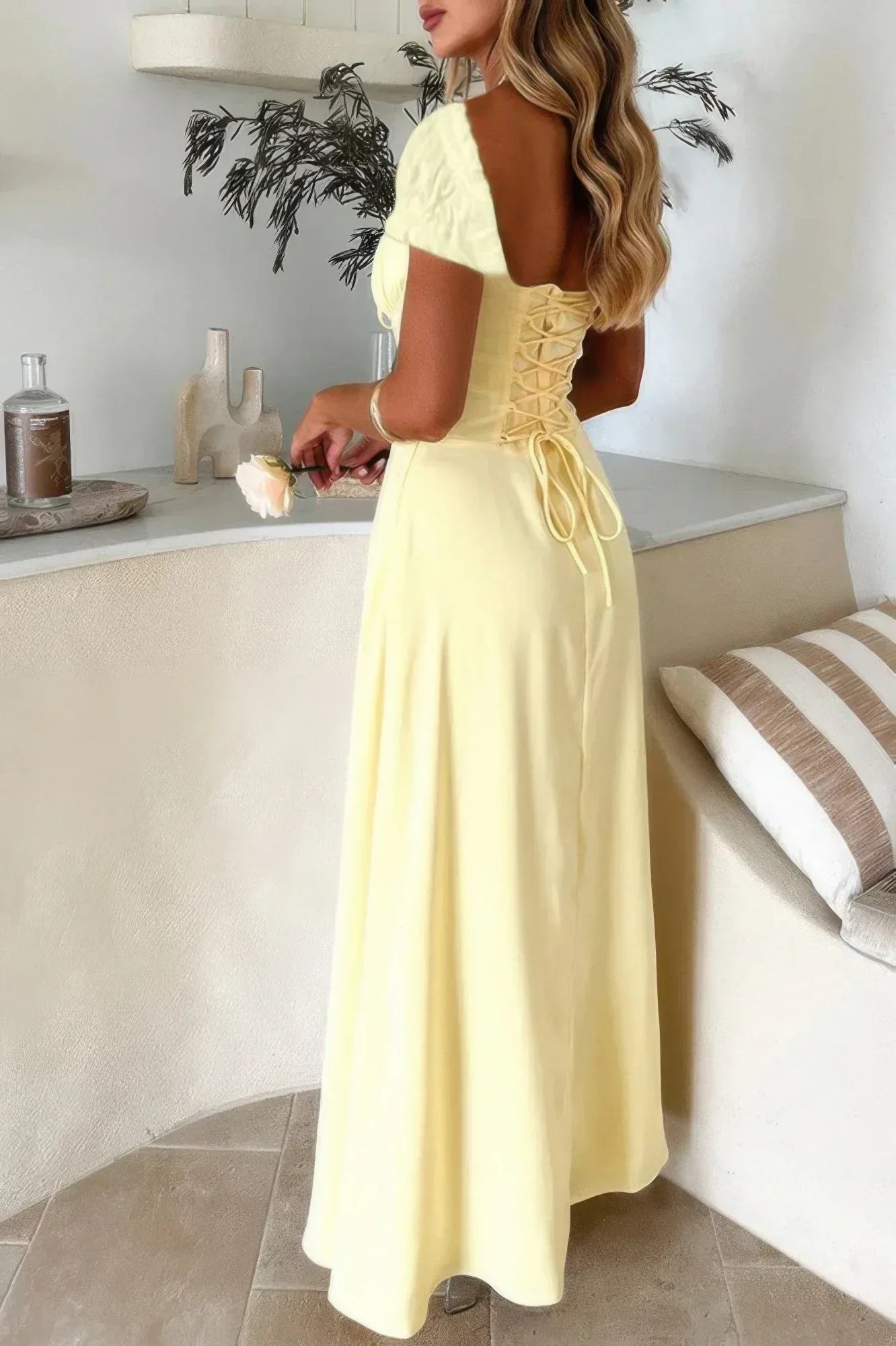 Deep Square Neck Drawstring Back Fit Dress | Mixtshop LLC