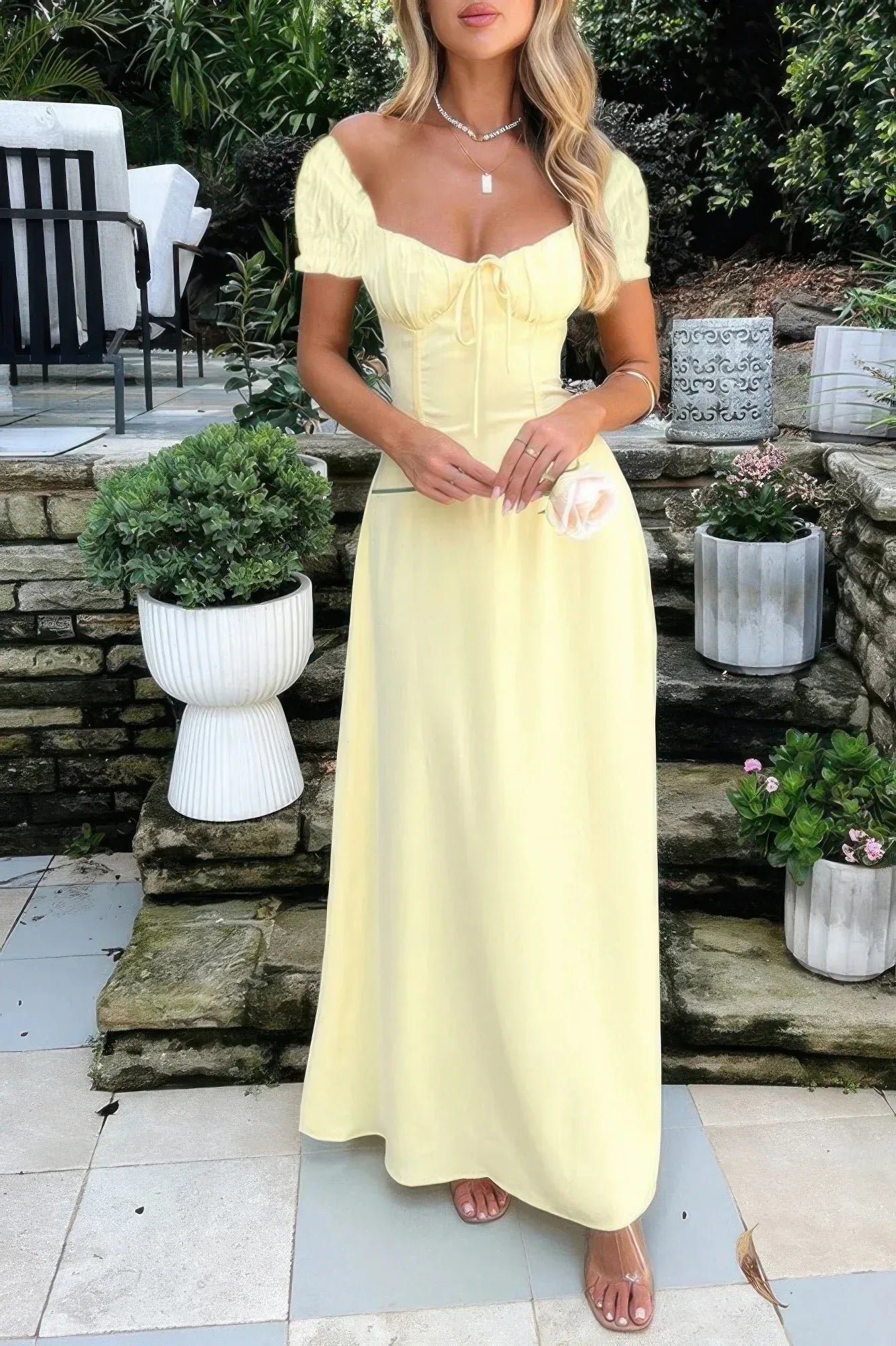 Deep Square Neck Drawstring Back Fit Dress | Mixtshop LLC