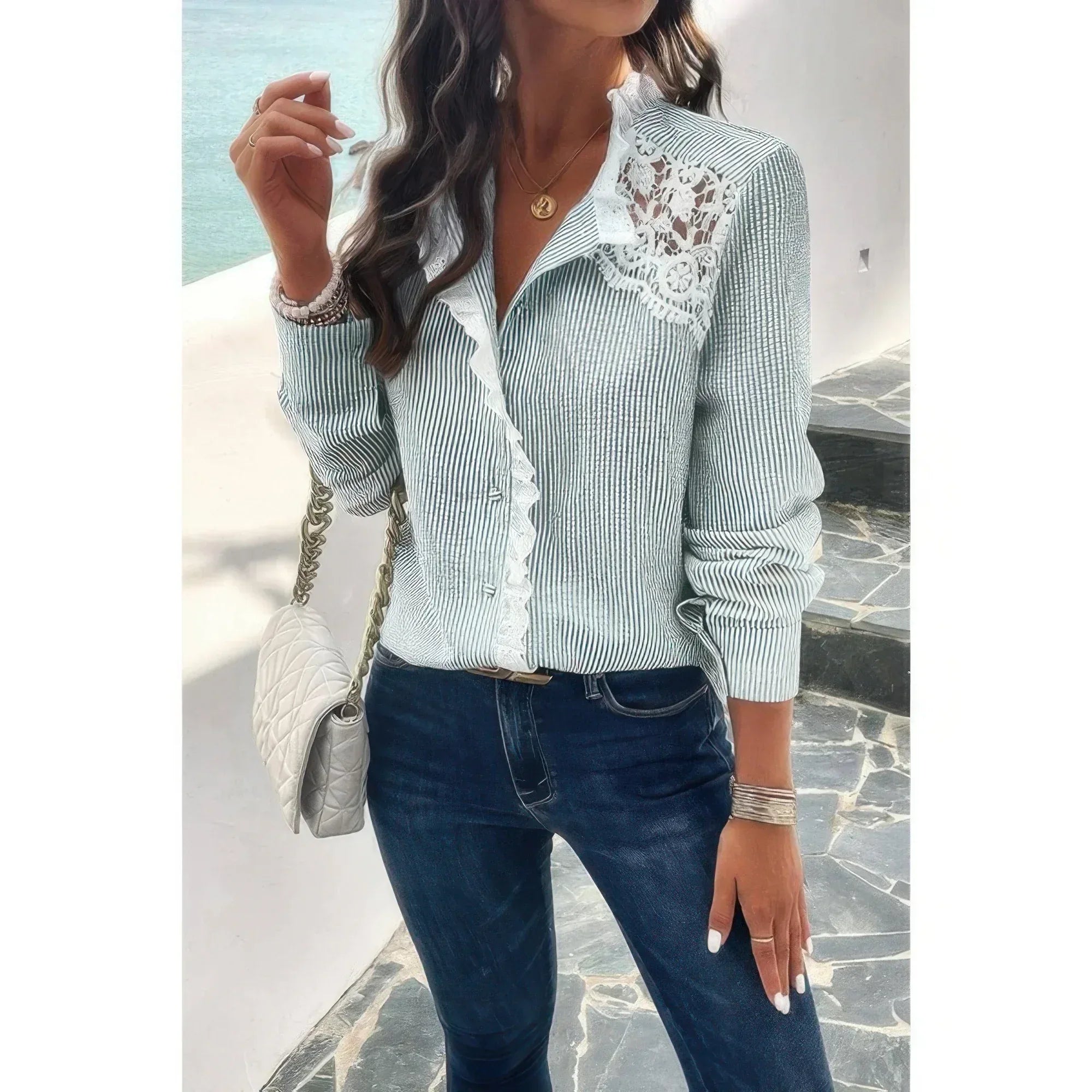 Colorblock Guipure Lace Insert Button Front Shirt | Mixtshop LLC Main image