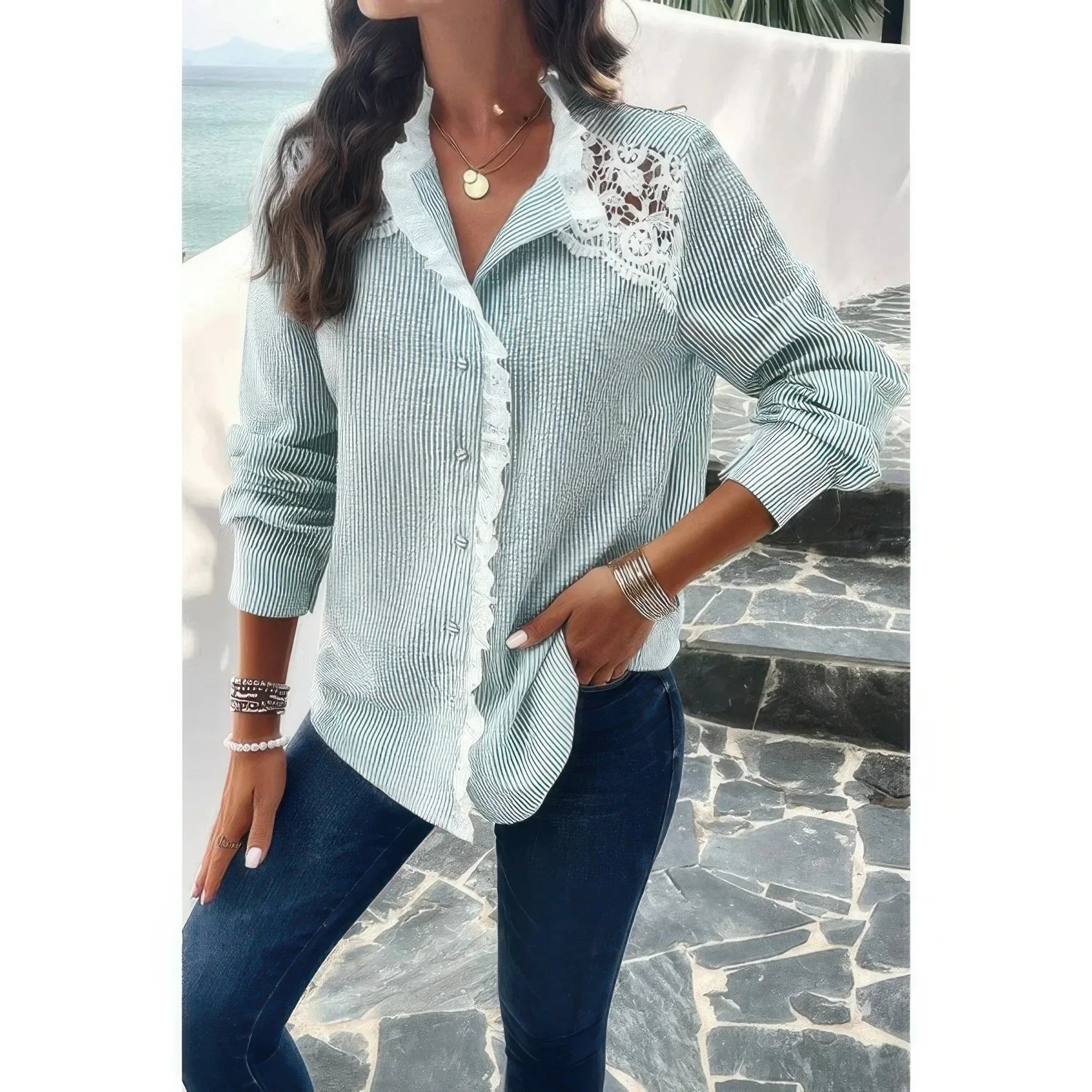 Colorblock Guipure Lace Insert Button Front Shirt Secondary image