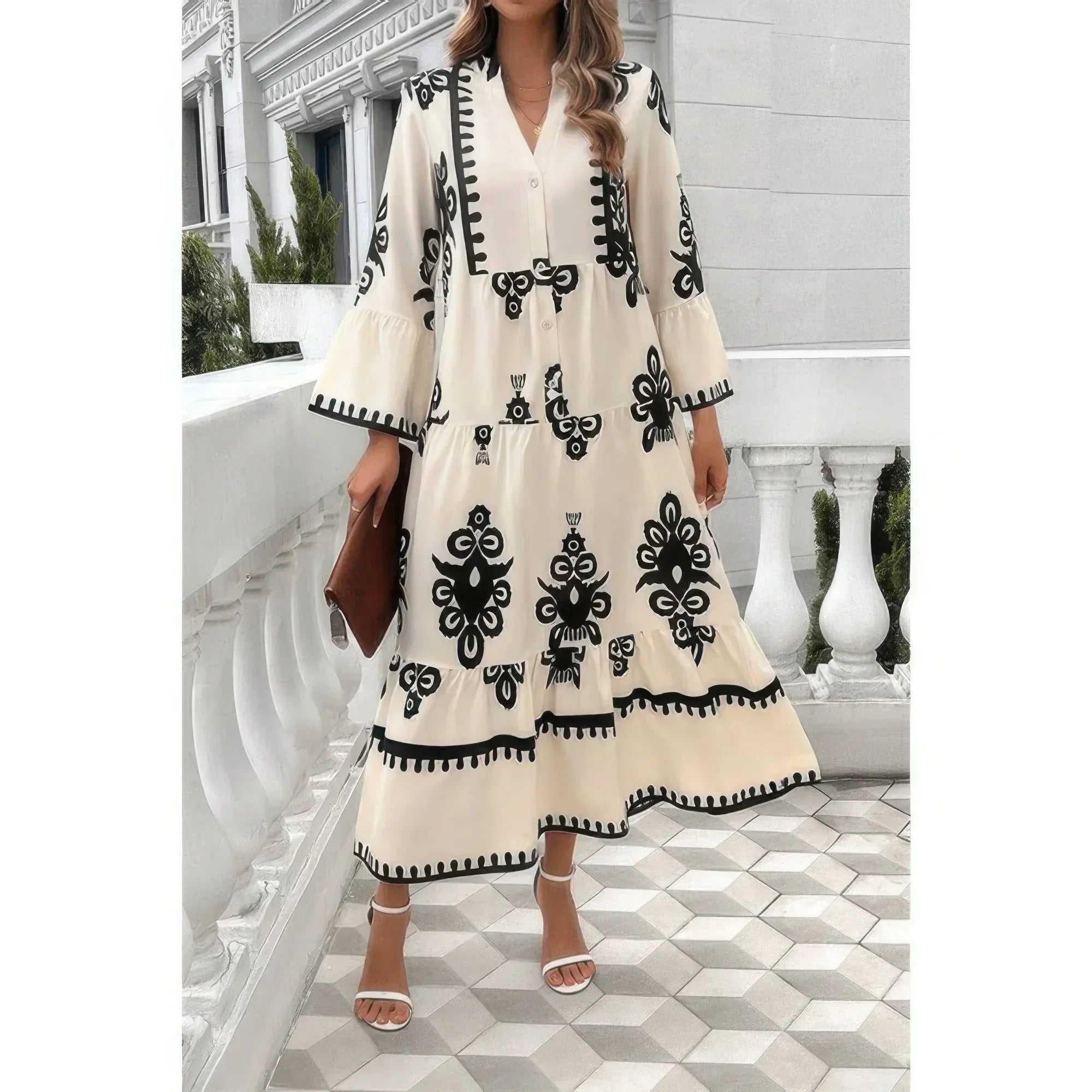 V Neck Stand Collar Button Floral Splicing Dress | Mixtshop LLC Main image