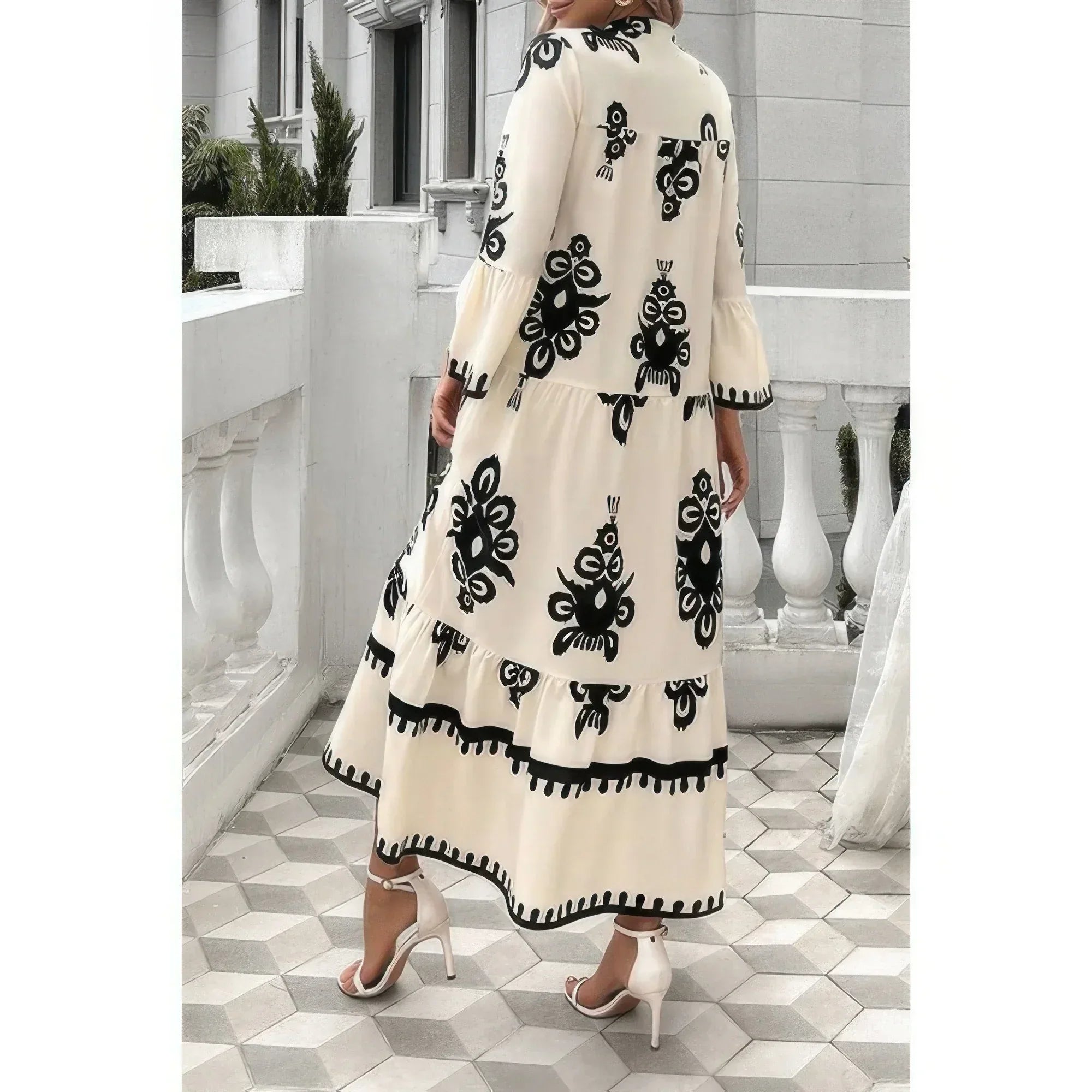 V Neck Stand Collar Button Floral Splicing Dress Secondary image