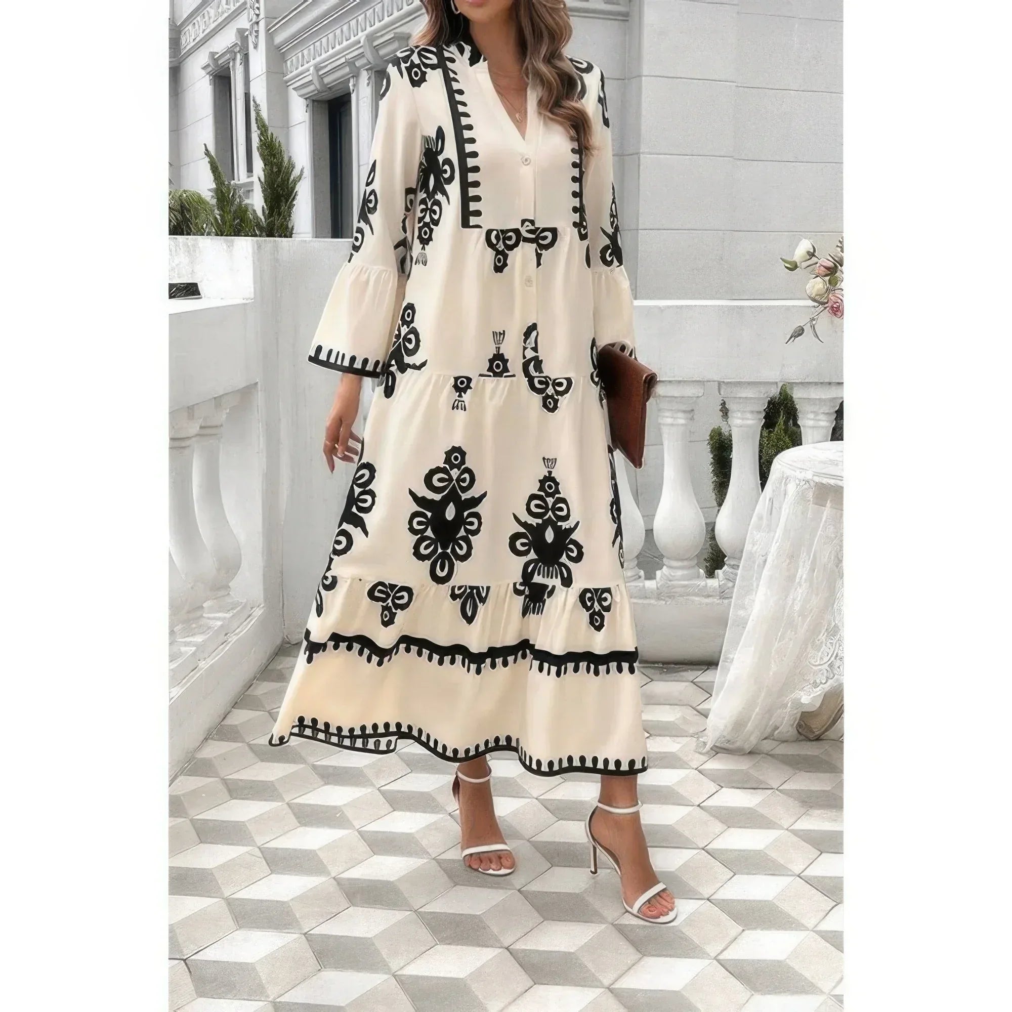 V Neck Stand Collar Button Floral Splicing Dress | Mixtshop LLC