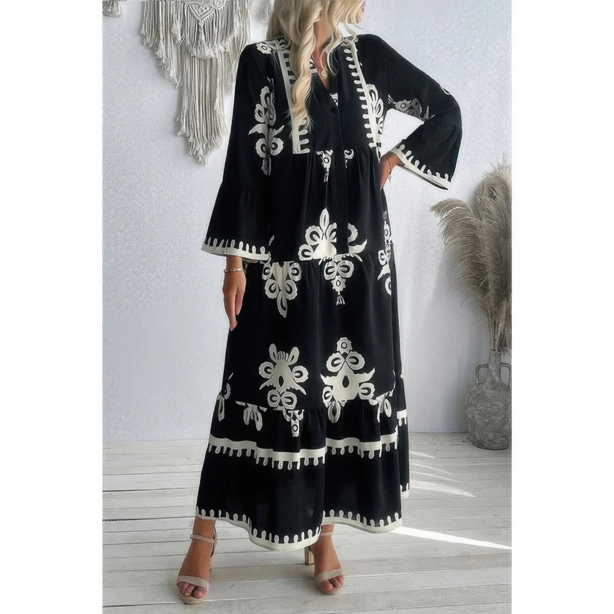V Neck Stand Collar Button Floral Splicing Dress | Mixtshop LLC