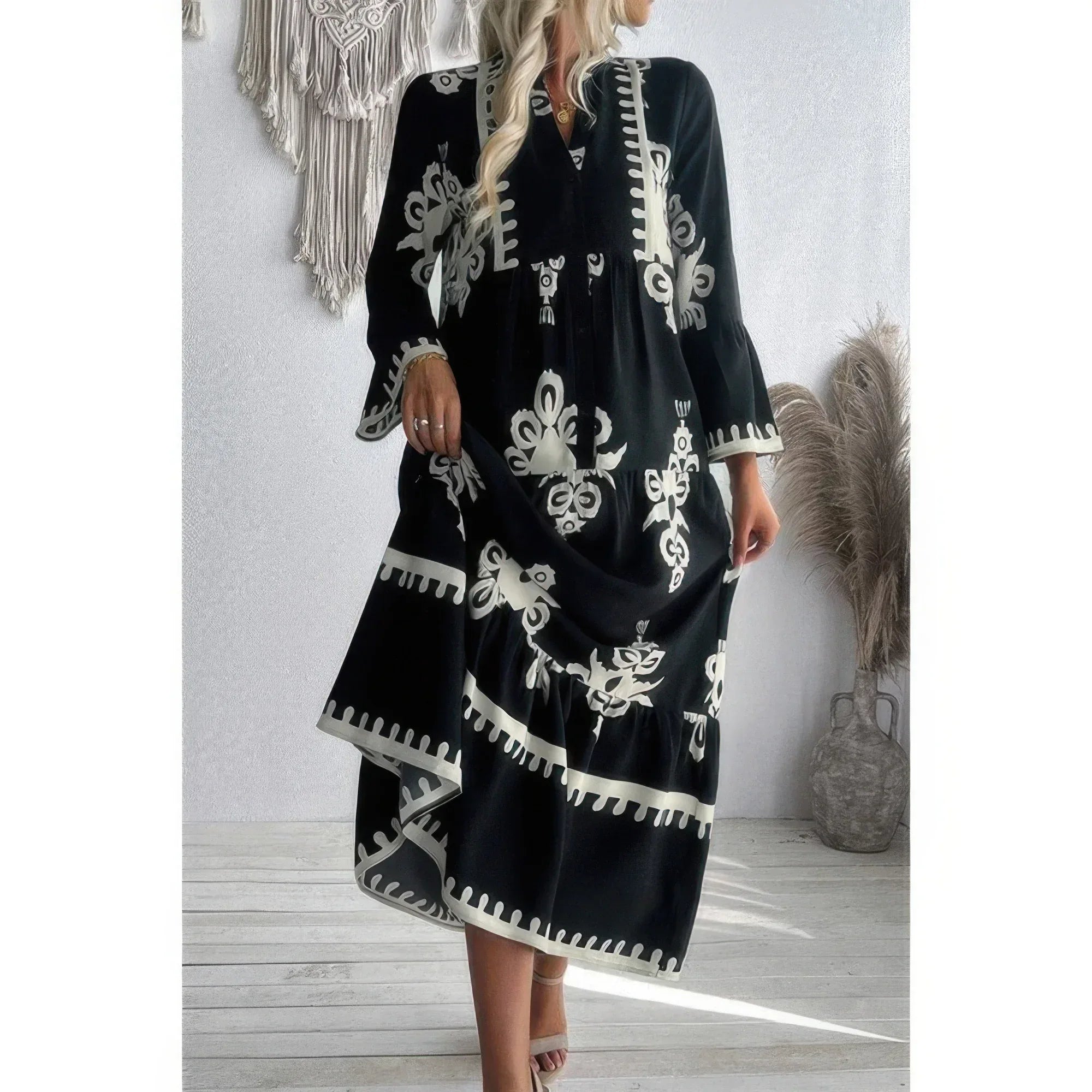 V Neck Stand Collar Button Floral Splicing Dress | Mixtshop LLC