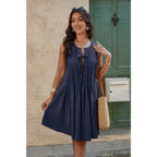 Round Neck Knot Cut Out Pleated Loose Fit Dress | Mixtshop LLC