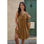 Round Neck Knot Cut Out Pleated Loose Fit Dress | Mixtshop LLC
