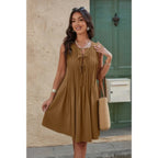 Round Neck Knot Cut Out Pleated Loose Fit Dress | Mixtshop LLC