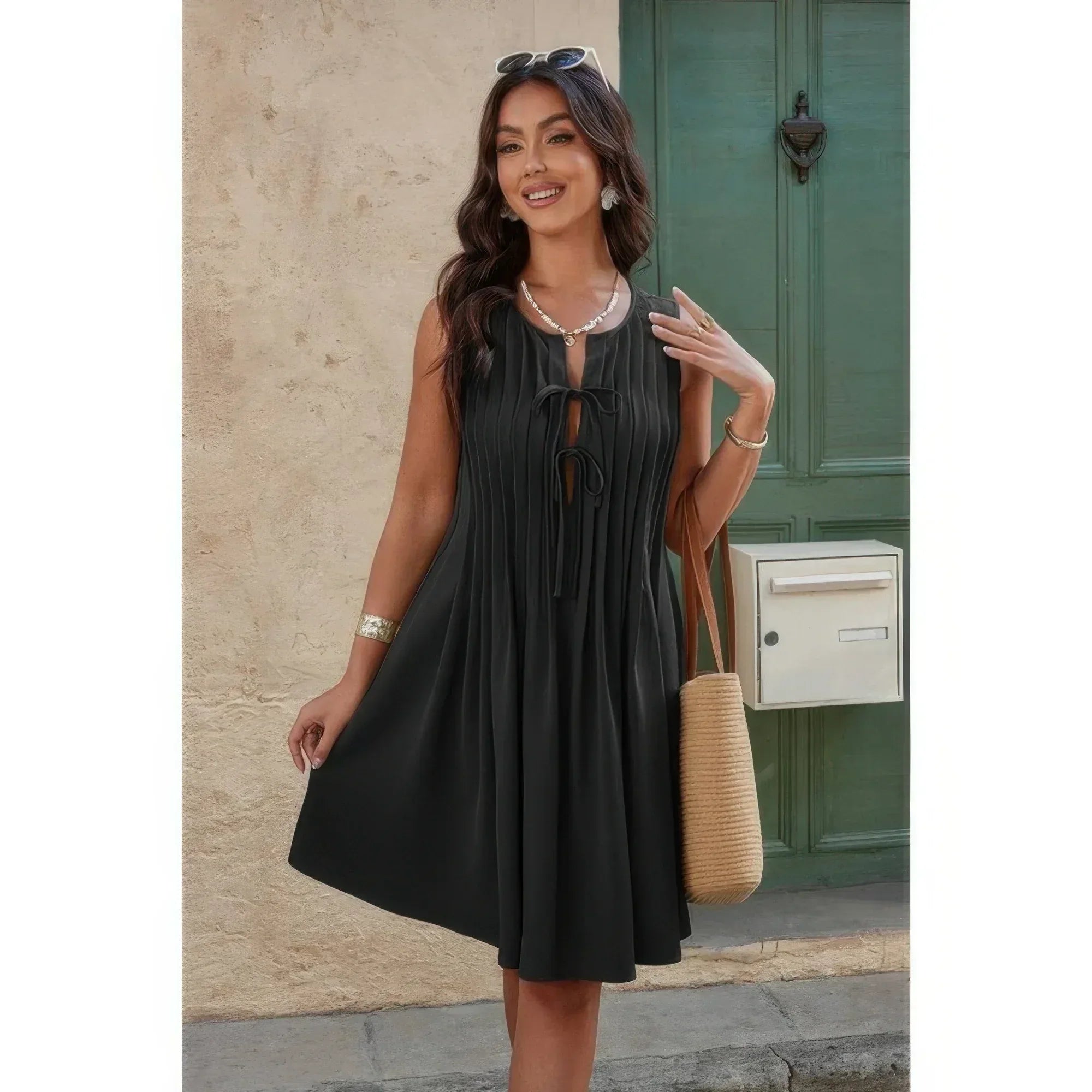 Round Neck Knot Cut Out Pleated Loose Fit Dress | Mixtshop LLC
