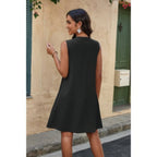 Round Neck Knot Cut Out Pleated Loose Fit Dress | Mixtshop LLC