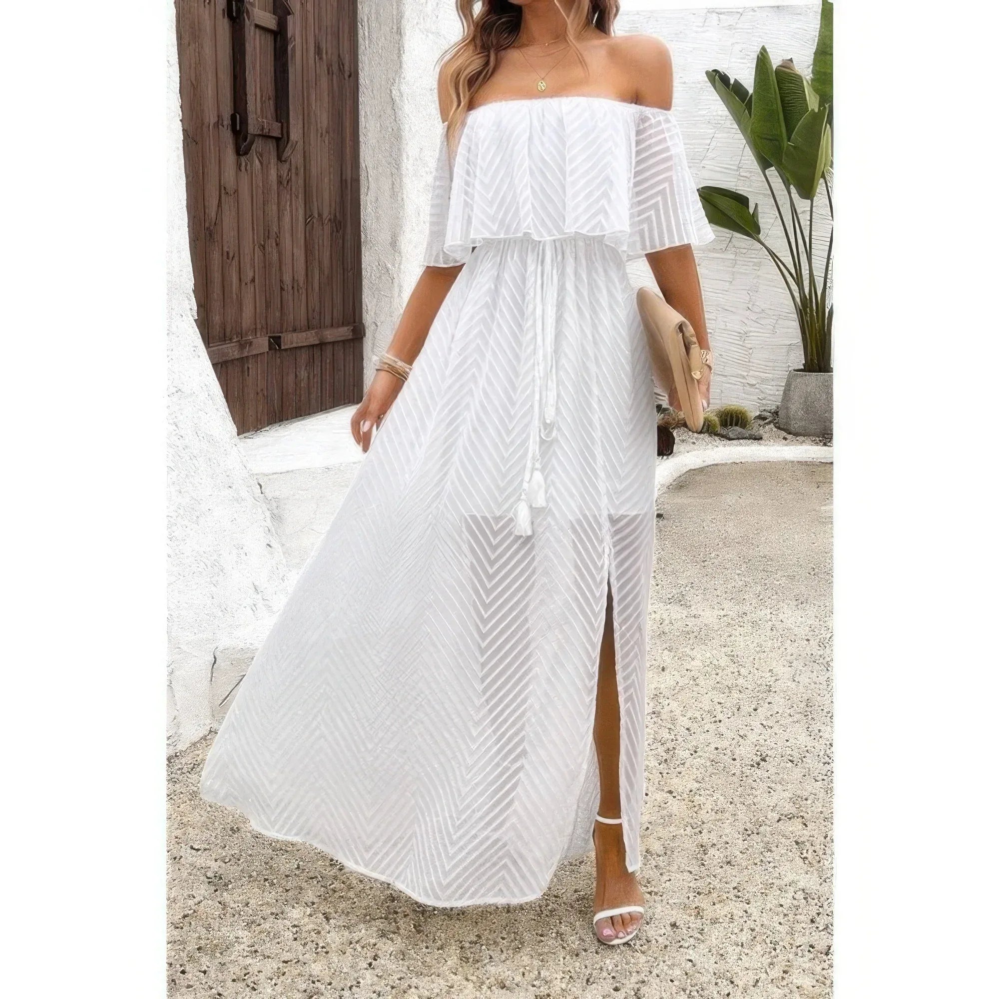 Off Shoulder Solid Tassel Ruffle Trim Split Dress | Mixtshop LLC Main image