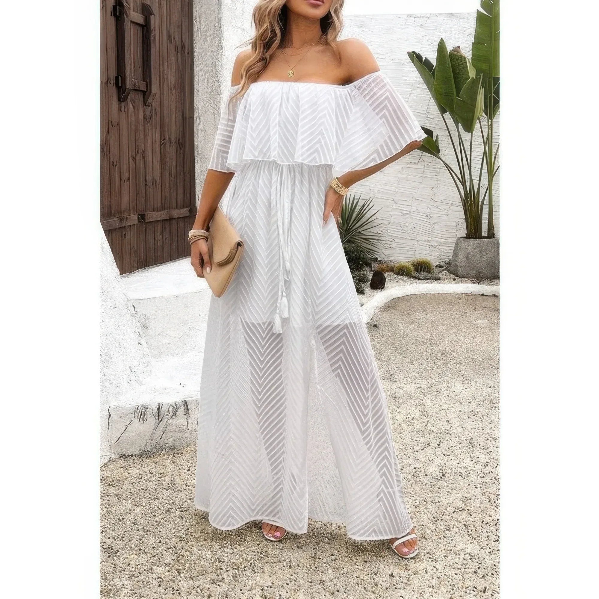 Off Shoulder Solid Tassel Ruffle Trim Split Dress | Mixtshop LLC