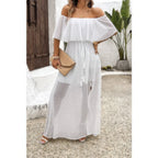 Off Shoulder Solid Tassel Ruffle Trim Split Dress | Mixtshop LLC