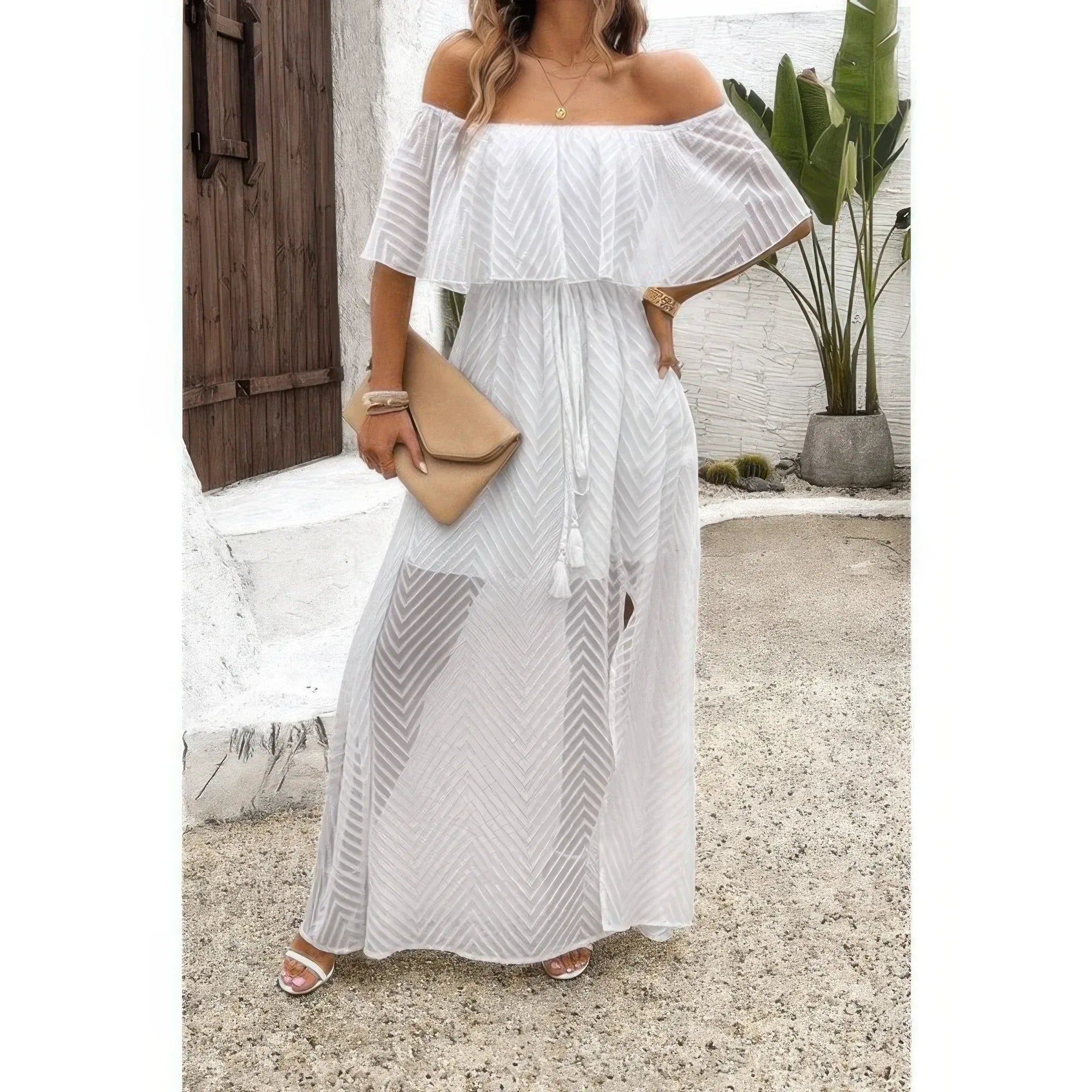 Off Shoulder Solid Tassel Ruffle Trim Split Dress | Mixtshop LLC