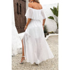 Off Shoulder Solid Tassel Ruffle Trim Split Dress | Mixtshop LLC